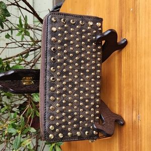MICHAEL KORS JET SET TRAVEL BROWN MK PVC+GOLD STUD ZIP-AROUND CONTINENTAL WALLET